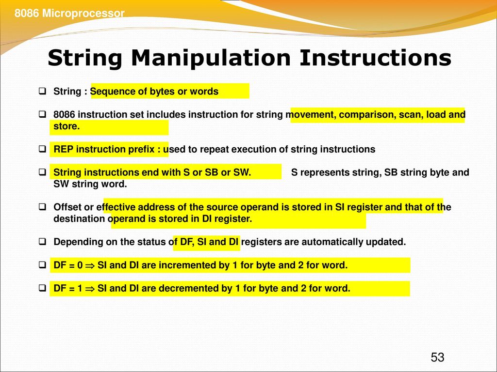 String manipulation instructions in 8086 with examples ppt pdf